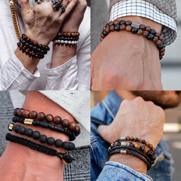 ⚡Rankeef Men 2 White Black Tiger Eye 8MM Natural Stone Crystal Beaded Bracelet - Picture 2 of 8